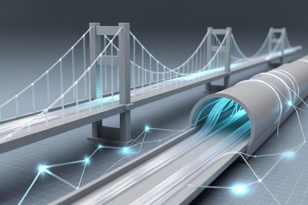 Suspension bridge with fiber optic sensing points mapped along the deck, the coverage structural health monitoring gives at every meter