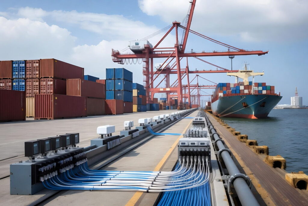 Container port quayside with gantry cranes and the fiber optic cable runs that smart port fiber sensing reads end to end