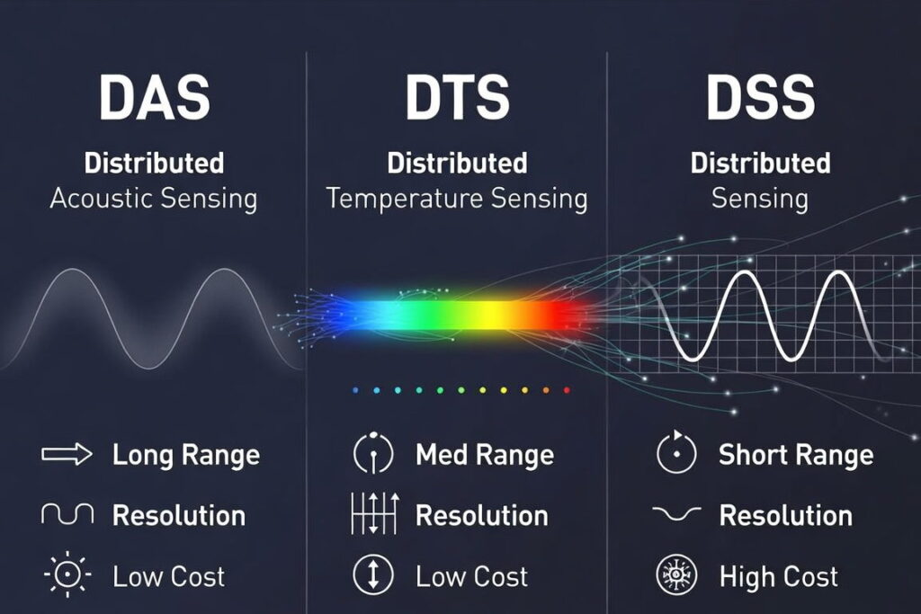 Diagram comparing DAS, DTS and DSS by range and resolution, the three fiber sensing technology options side by side