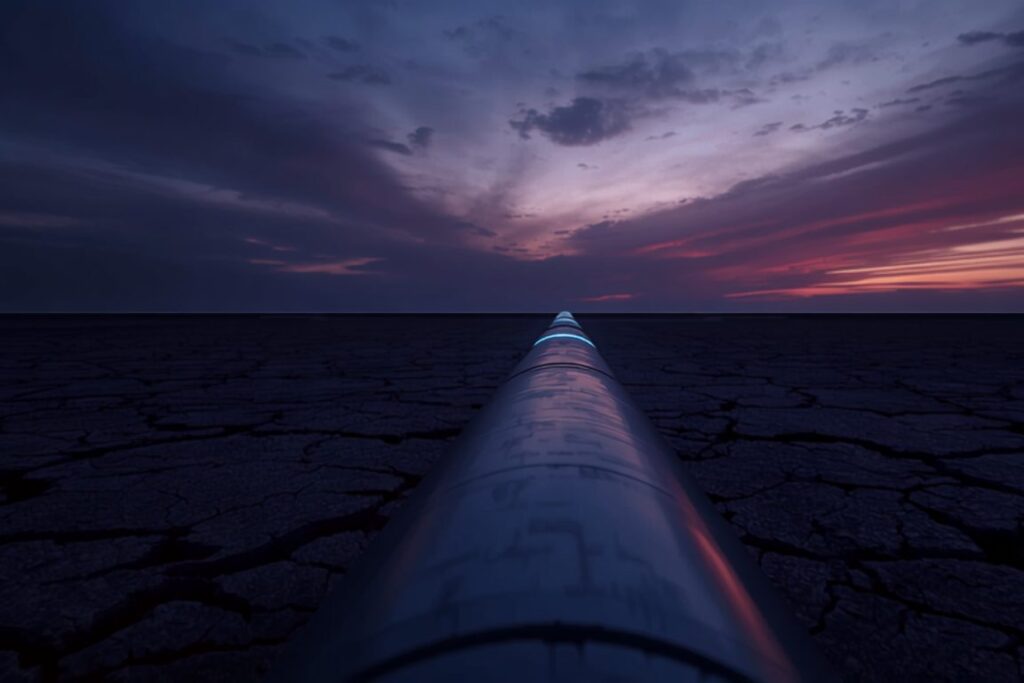 Pipeline running across open terrain at dusk, the long linear asset that sensing for critical infrastructure has to cover end to end