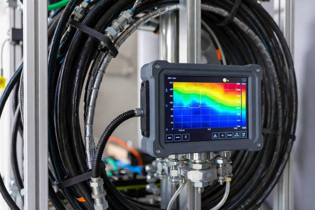 Handheld interrogator showing a thermal trace next to a coiled power cable, the reading DTS power cable monitoring produces along the whole route