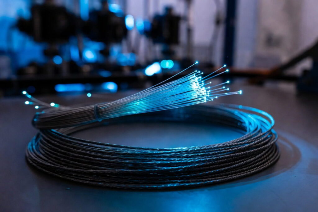 Coiled armoured fiber optic sensing cable with illuminated strands, the cable fiber optic pipeline monitoring reads from end to end