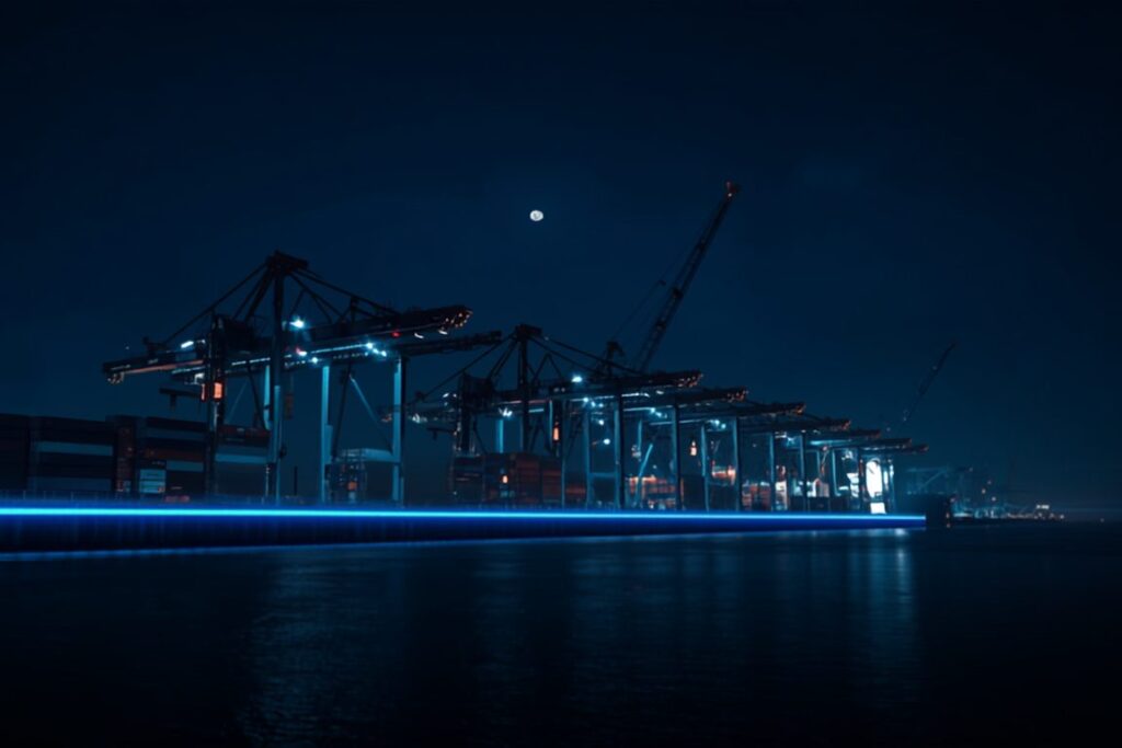 Port terminal at night with quay cranes and a line of light tracing the cable route, the coverage fiber optic sensing for offshore reads from land