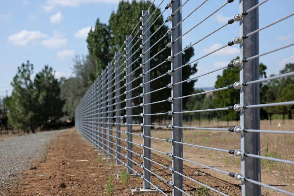 Long security fence along a site boundary with the sensing cable that gives fiber optic perimeter security its continuous coverage