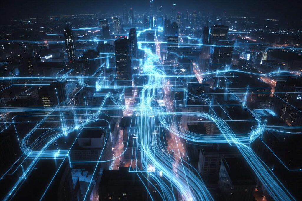 Aerial night view of a transport corridor traced by continuous light trails, the coverage railway monitoring gets from a single fiber