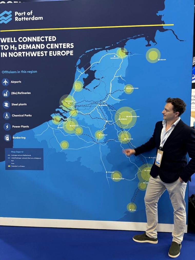 Panel at the World Hydrogen Summit showing the Port of Rotterdam map of hydrogen demand centers in northwest Europe, with offtaker categories listed beside it