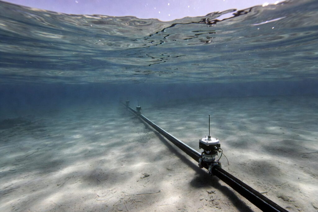 Submarine fiber optic cable resting on the seabed in shallow water, the asset submarine cable monitoring protects from anchors and trawl gear
