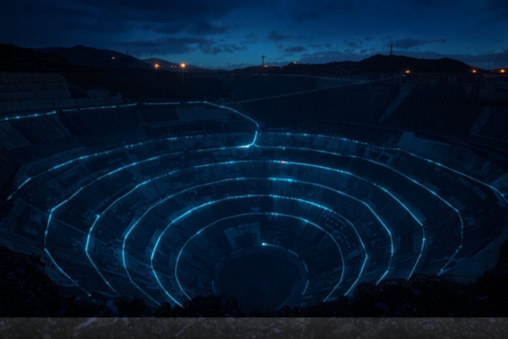 Open pit mine at night with concentric rings of light tracing the fiber, the array geometry fiber optic sensing in geophysics produces from one cable