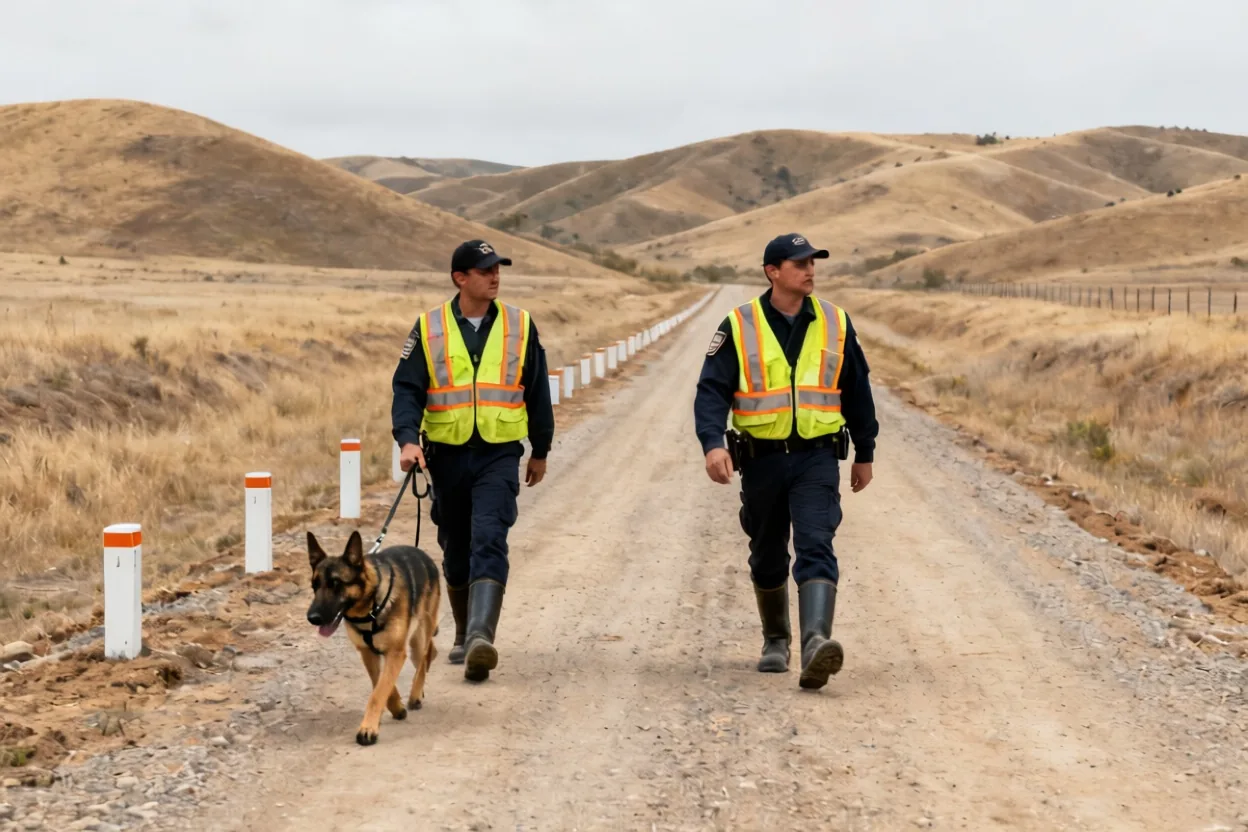 distributed acoustic sensing applications: Two workers in reflective vests walking a leashed dog along a cleared pipeline rou